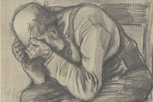 Vincent van Gogh, Studie ‘Worn out’, rond 24 november 1882. Timmermans potlood op aquarel papier, 48.8 x approx. 30 cm. (Privécollectie).