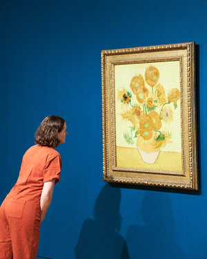 Een museumbezoeker kijkt naar het schilderij 'Zonnebloemen', foto: Tomek Dersu Aaron.