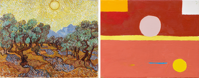 Links: Vincent van Gogh, Olijfbomen, 1889, Minneapolis Institute of Art. Rechts: Etel Adnan - Untitled, 2010, Huile sur toile. Collection Mudam Luxembourg, Musée d'Art Moderne Grand-Duc Jean. 