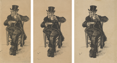 De drie afdrukken van de litho die Vincent van Gogh maakte van Koffiedrinkende oude man
