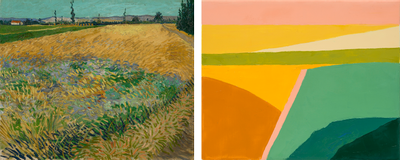 Vincent van Gogh, Korenveld, 1888 (links), Etel Adnan, Zonder titel, 2014 (rechts)