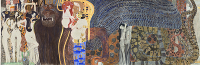 Gustav Klimt, Beethovenfries (detail), 1901-02, caseïneverf, stuclagen, tekenpotlood, applicaties van verschillende materialen (glas, parelmoer, etc.), goudlagen op mortel, 216 x 3438 cm, Belvedere, Wenen, langdurig bruikleen in de Secession