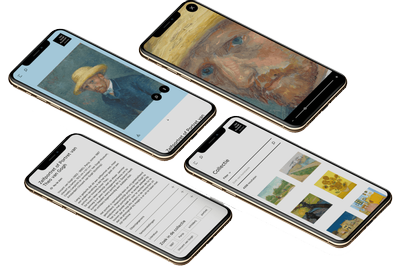 Diverse Van Gogh Museum online collectiepagina's getoond op vier smartphones