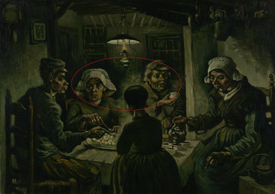 Vincent van Gogh (1853 - 1890), 'De aardappeleters', 1885. Twee figuren zijn uitgelicht met een rode cirkel.