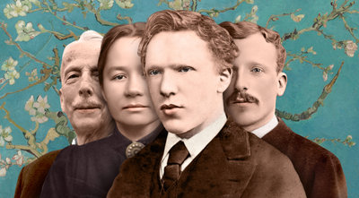 Campagnebeeld voor de tentoonstelling Kiezen voor Vincent, met foto's van Vincent van Gogh, zijn broer Theo en diens vrouw Jo van Gogh-Bonger en hun zoon Vincent met op de achtergrond Amandelbloesem
