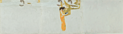Gustav Klimt, Beethovenfries (detail), 1901-02, caseïneverf, stuclagen, tekenpotlood, applicaties van verschillende materialen (glas, parelmoer, etc.), goudlagen op mortel, 216 x 3438 cm, Belvedere, Wenen, langdurig bruikleen in de Secession